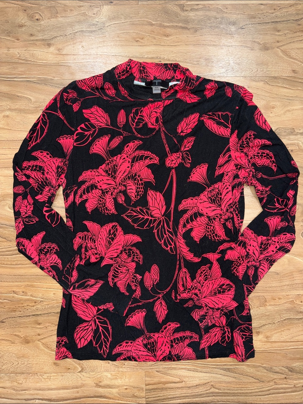 Tahari Black Sweater with Bold Red Floral Print Mock Neck